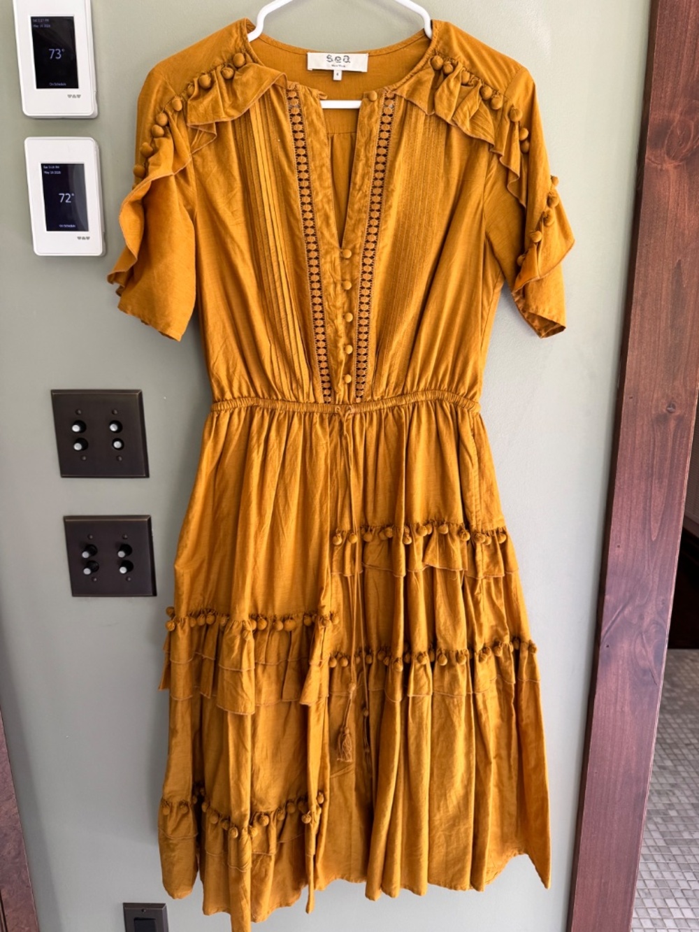 SEA New York Mustard Midi dress with Ruffles and Baubles - Size 4